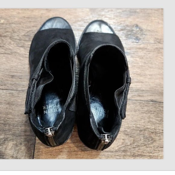 Eileen Fisher List Black Leather Peep Toe Ankle Booties - Picture 7 of 16